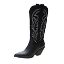 Frauen Cowboystiefel Spitzschuh Damenschuhe Prägung PU-Lederschuhe Kniehohe Stiefel Chunky Wedges Schuhe u694