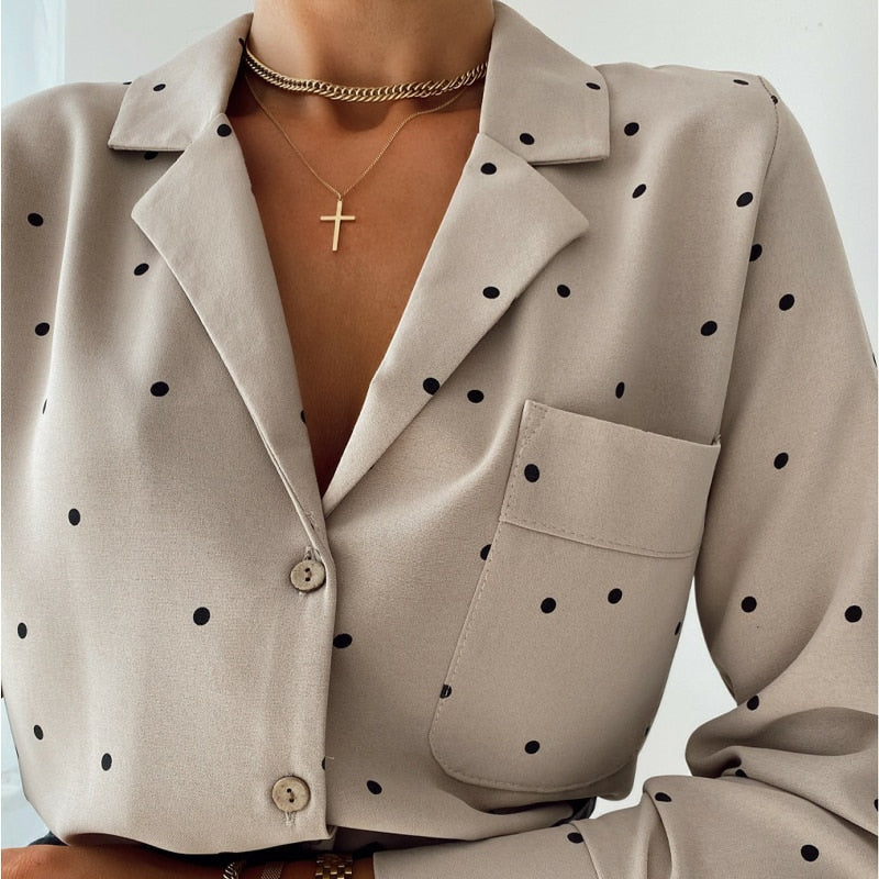 Muiches Casual Deep V-Neck Polka Dot Print Long Sleeve Blouse Woman Single Breasted Pocket Office Work Chiffon Tops 2021 New