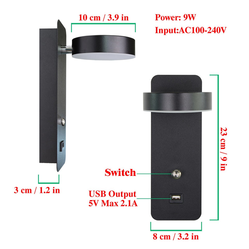 Lámparas de pared Led para interiores, 9W con interruptor, luz de pared led, pared moderna de stai con carga USB, aplique de pared, luminaria led para sala de estar