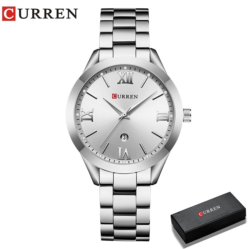 Marca CURREN, reloj de acero para mujer, vestido de lujo para mujer, reloj de pulsera de cuarzo a la moda, pulsera clásica de cristal dorado, reloj para mujer