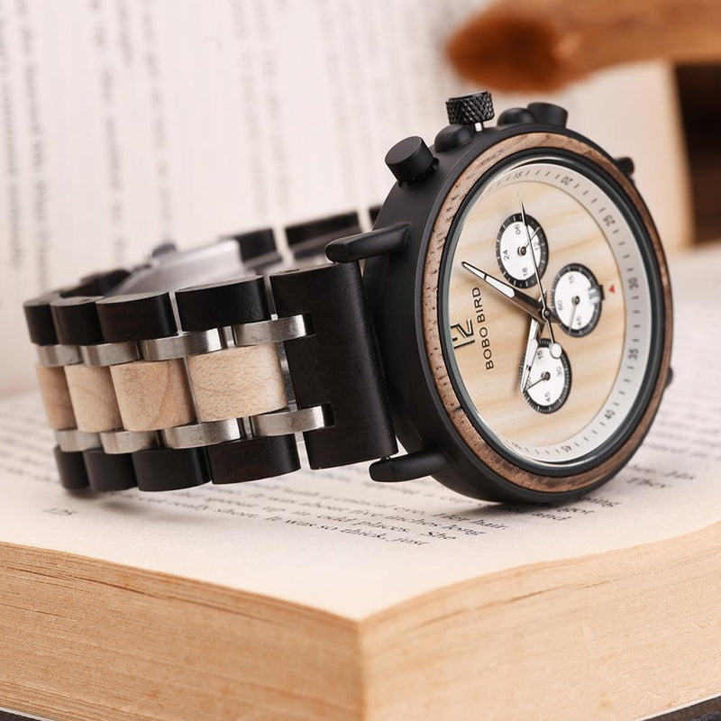 BOBO BIRD Holzuhr Herren Luxus Stilvolle Holzuhren Chronograph Quarzuhren Großes Geschenk für Ihn Box erkek kol saati OEM