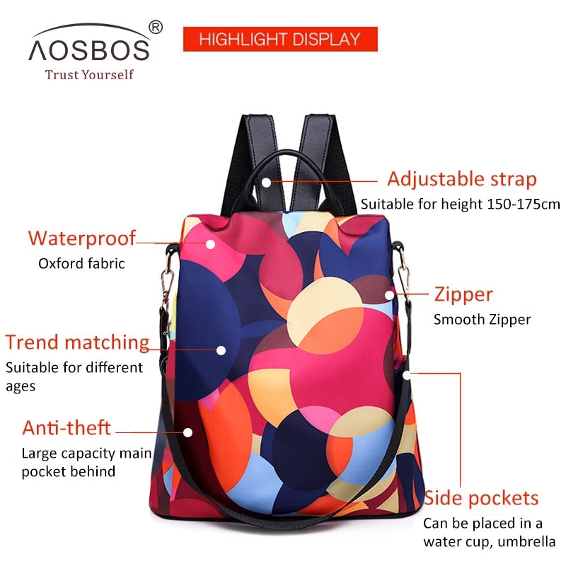 Mochila Aosbos impermeable Oxford para mujer, mochilas antirrobo a la moda para mujer, mochila escolar estampada, mochila de gran capacidad de alta calidad
