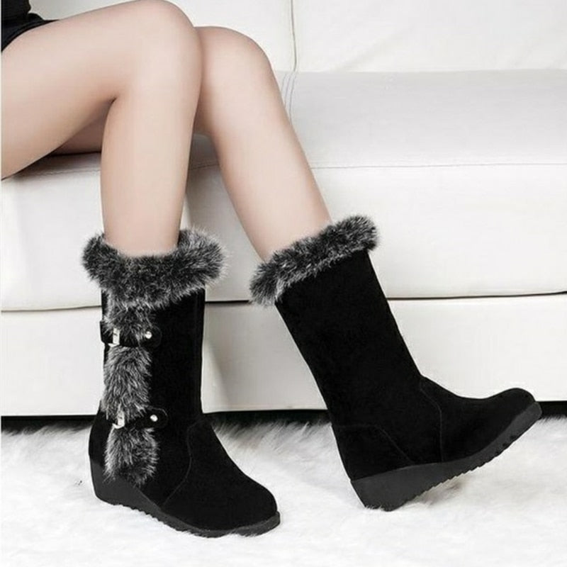 Botas de invierno para mujer, zapatos de invierno aterciopelados, botas de nieve a la moda para mujer, zapatos hasta el muslo, botas de gamuza a media pantorrilla