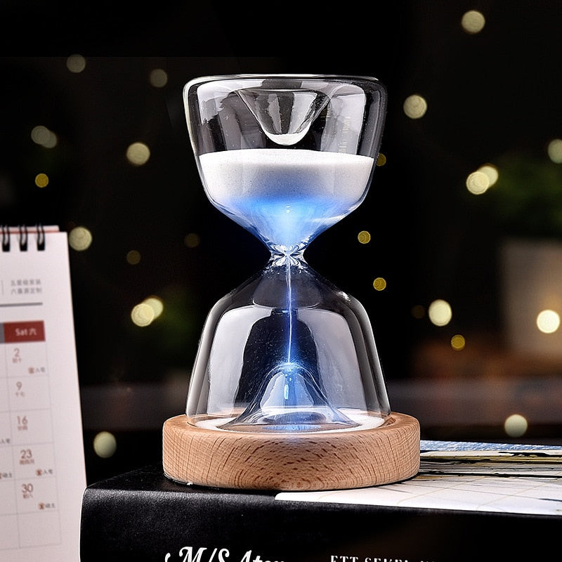 Reloj de arena de cristal con Control remoto luminoso, temporizador de 15 minutos, letras láser personalizadas, fondo de madera, luz nocturna, reloj de arena