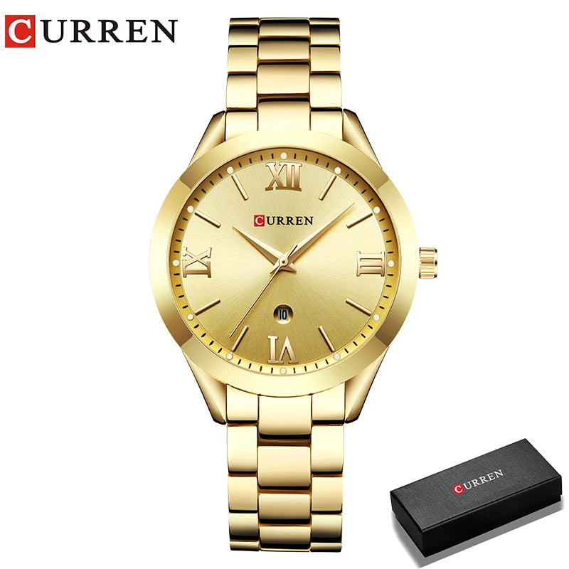 Marca CURREN, reloj de acero para mujer, vestido de lujo para mujer, reloj de pulsera de cuarzo a la moda, pulsera clásica de cristal dorado, reloj para mujer