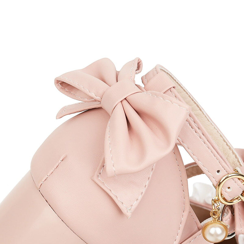 Japanese Lolita Mary Janes Shoes Princess Pink Ankle Strap Bowtie Strawberry Ruffles Wedding Cosplay Uniform Pumps Plus Size 48