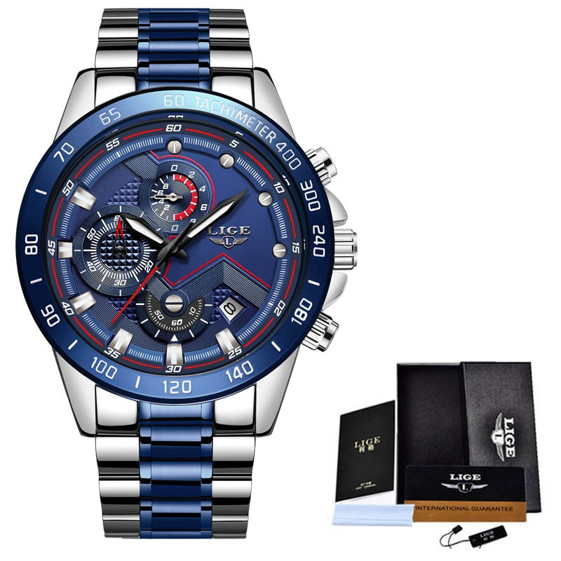 LIGE Herrenuhren Top-Marke Luxus Edelstahl Blau Wasserdicht Quarzuhr Herren Mode Chronograph Herren Sport Militäruhr