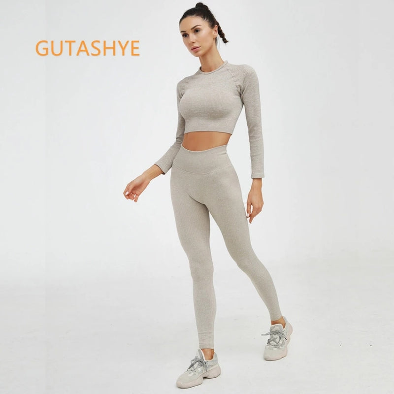 Nahtloser Yoga-Anzug Sport-Set Fitness-Kleidung Fitness-Frauen Langarm-Crop-Top mit hoher Taille Leggings geripptes Trainings-Set Trainingsanzüge