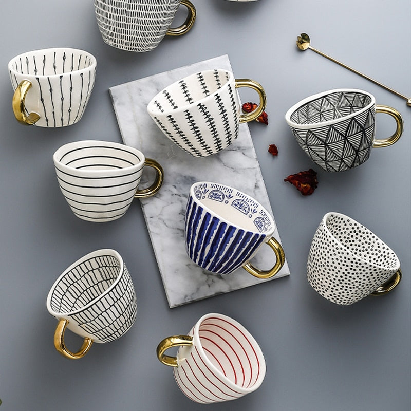 Tazas de cerámica geométricas pintadas a mano con mango dorado, tazas irregulares hechas a mano para café, té, leche, avena, regalos creativos de cumpleaños