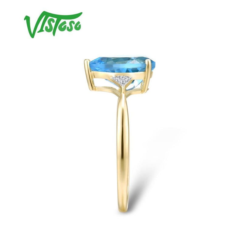 VISTOSO Pure14K 585 Yellow Gold Ring For Women Sparkling Diamond Limpid Blue Topaz Anniversary Classic Fine Jewelry