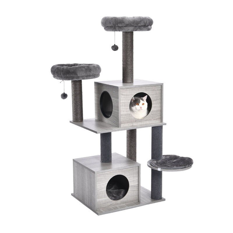 Torre de actividades para gatos moderna con árbol para gatos de varios niveles de pulgadas con postes para rascar sisal hamaca y juguete para gatos con percha superior extragrande