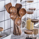 Vajilla de madera Natural de teca tailandesa, cuchara, cucharón, colador de arroz largo, espumadera para sopa, cucharas de cocina, juego de utensilios de cocina