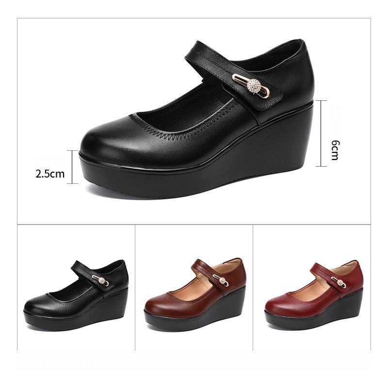 GKTINOO 2022 Spring Leather Shoes Women Platform Wedges Shoe High Heels Round Toe Comfortable Black Women Pumps Large Size 33-43