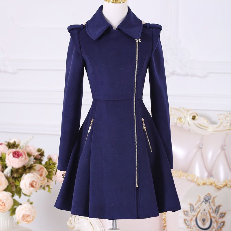 2022 Autumn Winter Women Coats Dark Blue Lady Clothing Zipper Woolen Coat Mid-length Slim