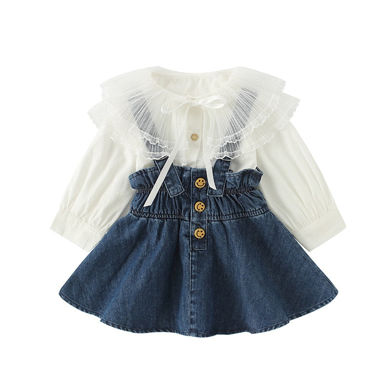 Autumn Infant Baby Girls Clothes Set Sweet Lace Large Lapel Long-sleeved Shirt + Cowboy  Dress 2pcs Set Denim Princess