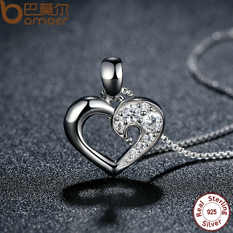 BAMOER New Authentic 925 Sterling Silver Female Heart Pendant Necklace High Quality Fashion Necklace Accessories SCN025