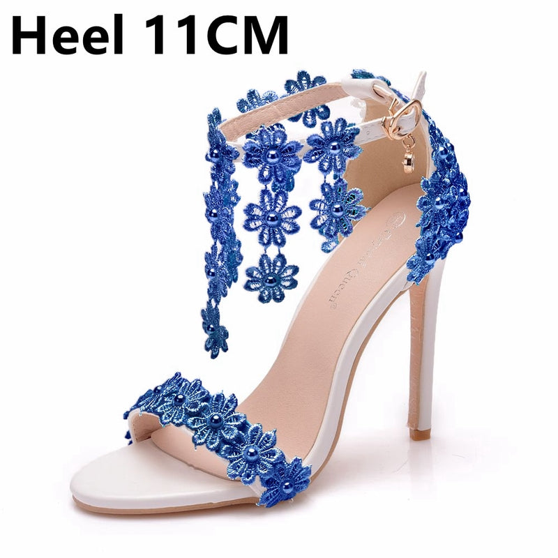 Crystal Queen Women Ankle Strap Sandals White Lace Flowers Pearl Tassel  Super Stiletto High Heels Slender Bridal Wedding Shoes