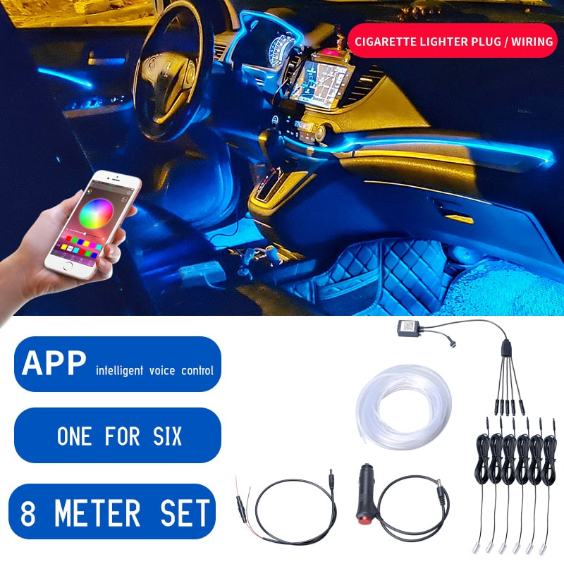 8M RGB Fiber Optic Car Interior Decorative Ambient Light App Sound Control LED Strip Cigarette Lighter Auto Atmosphere Lamp 12V