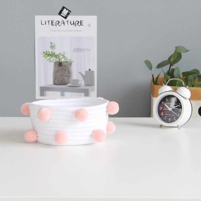 INS Pompom Cotton Rope Storage Baskets Handmade Woven Dirty Clothes Laundry Basket Kids Toys Desktop Sundries Organizer Hamper