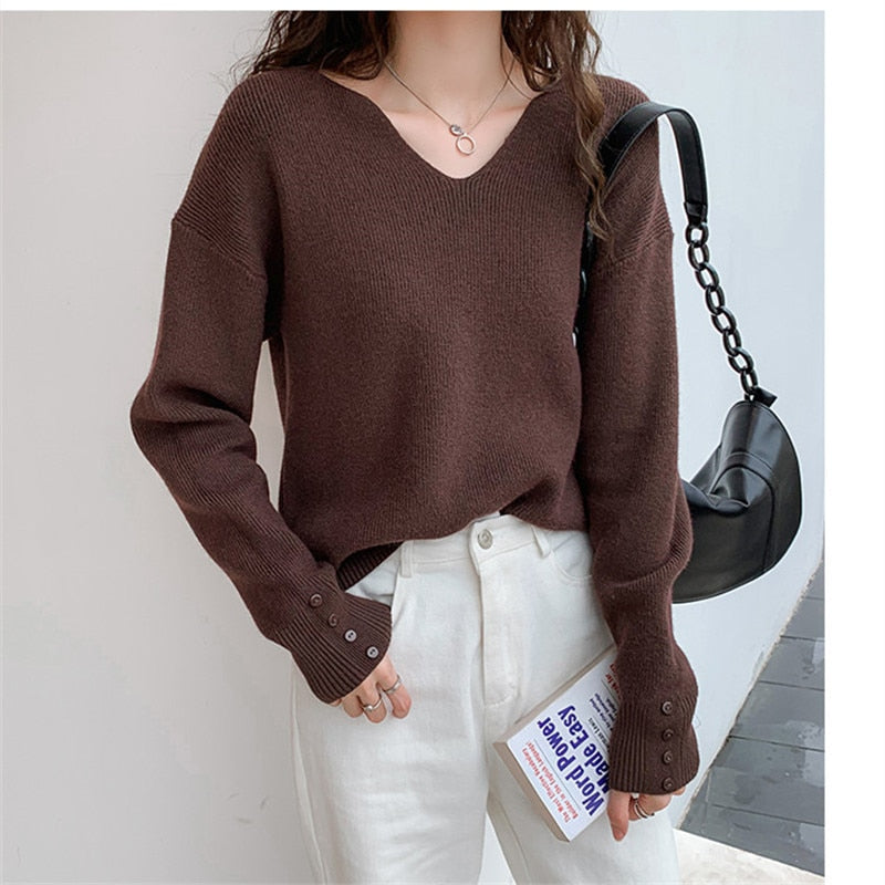 2022 Autumn Spring Women Sweaters Female Tops Knitted Thin Pullover Solid V-neck Loose Elegant Office Lady Casual All Match