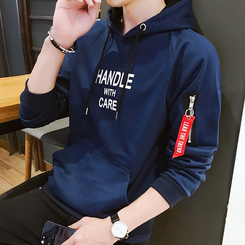 Fashion Men Hoodie Printed HANDLE Korea Hooded Hoodies Male With Side Zipper Pockets Teenage Pullovers Sweatshirts Men Clothing