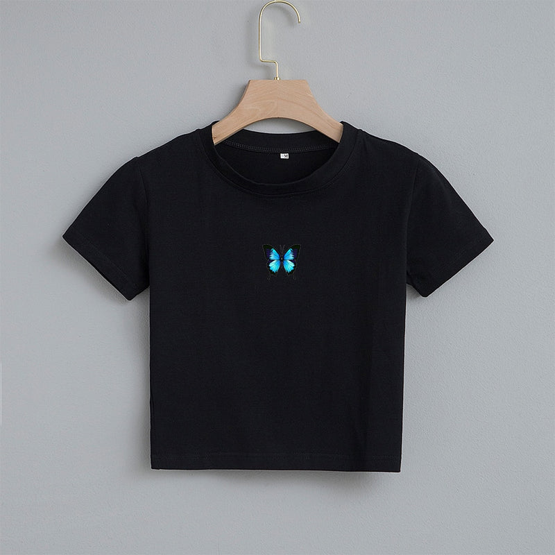 Fashion Cartoon Blue Butterfly Print Crop Top Harajuku O Neck Cropped T Shirt Cute Women T-shirt Gothic Women Tshirt Streetwear