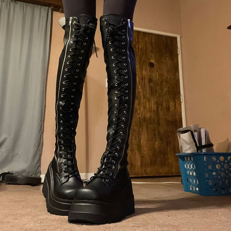 2021 Gothic Punk Fashion Women Thigh Boots Wedges High Heels Platform Over The Knee Boots Female Street Cosplay Autumn Shoes