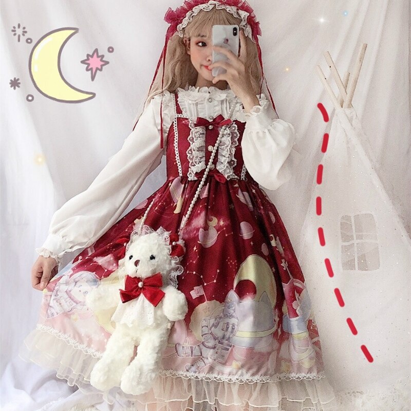 Lolita Dress Sweet Cute Japanese Kawaii Girls Princess Maid Vintage Gothic Printed Patterns Lace Pink Summer Skirt