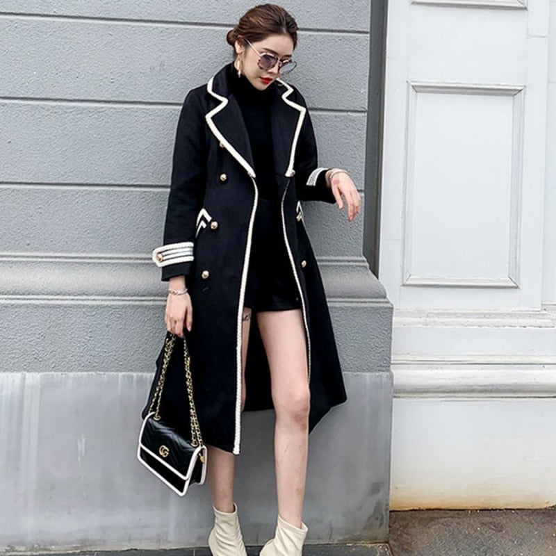 Korean Fashion Wool Coat Women Autumn Winter Thick Warm V-Neck Belt Long Overcoat Office Lady Elegant Slim High Quality Outwear