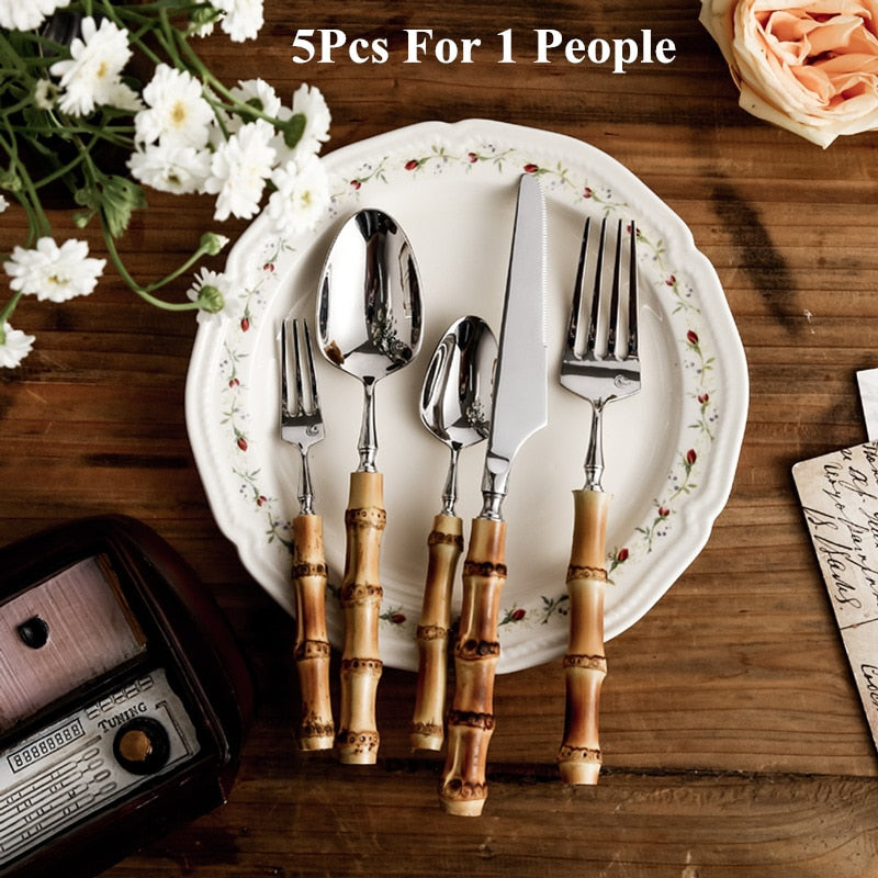 20Pcs 5Pcs Creative Nature Bamboo Cutlery Set 304 Stainless Steel Steak Cutlery Tableware set Spoon and Fork Hign-end Quality