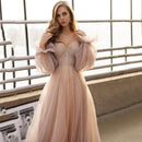 Eightree Pink Wedding Dresses Beach Boho Puff Sleeves Beading Princess Bridal Dress Off Shoulder Elegant Plus Size Wedding Gowns