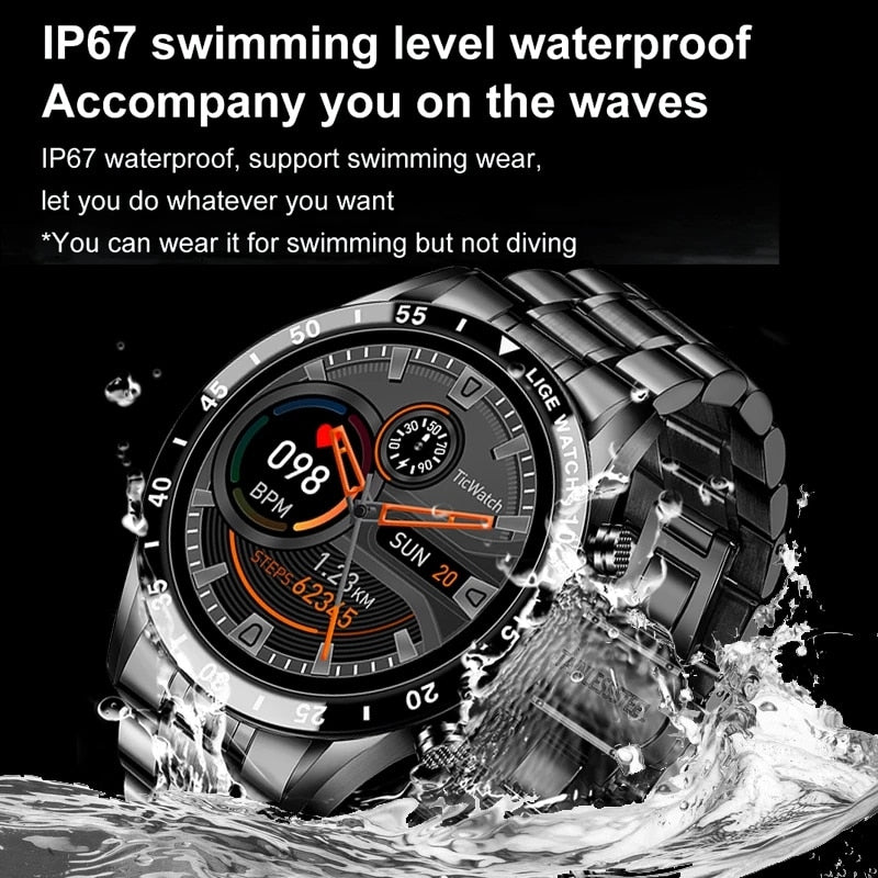 LIGE 2022 Full Circle Touchscreen Stahlband Luxus Bluetooth Call Men Smart Watch Wasserdichte Sport Activity Fitness Watch + Box