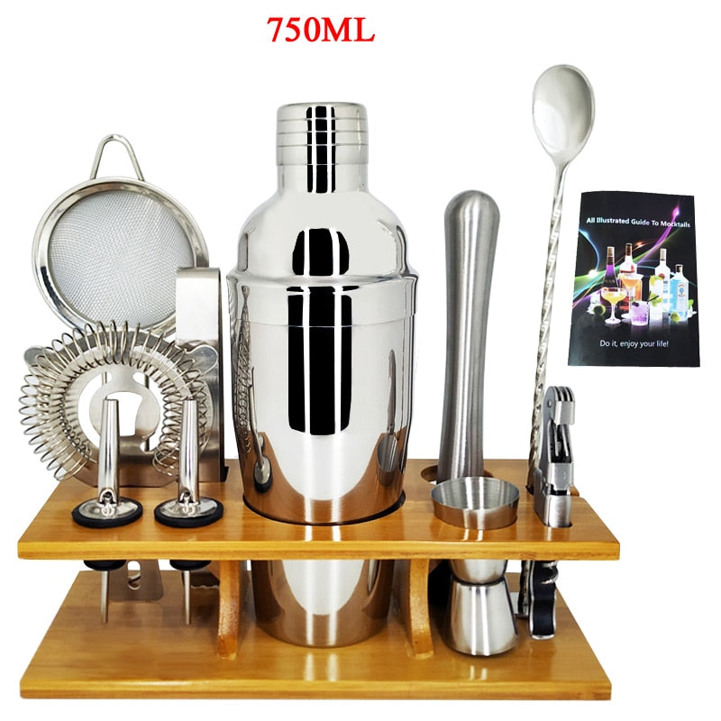 11Pcs Bar Set 750ML Cocktail Shaker Set With Stylish Wooden Stand And Recipes Booklet Perfect Home Bartending Kit with Bar Tools