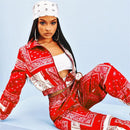 Zweiteiliges Set mit Bandana-Print, kausaler Paisley-Print, lange Ärmel, Reißverschlüsse, kurze Jacke, Oberteil, Jogger, Hose, Anzug, Outfit, Straße, Trainingsanzug