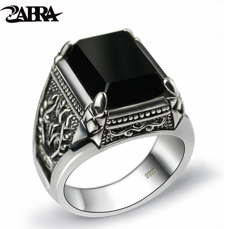 ZABRA Real 925 Silver Black Zircon Ring For Men Female Engraved Flower Men Fashion Sterling Thai Silver Jewelry Synthetic Onyx