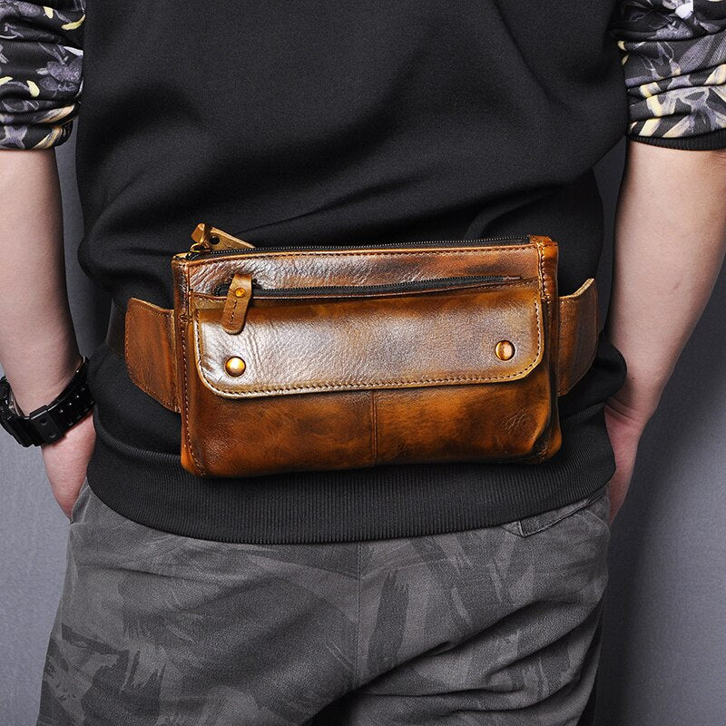 Cowhide Leather men Casual Fashion Travel Fanny Waist Belt Bag Chest Sling Bag Design Bum 7&quot; Phone Case Pouch Male 8136-G