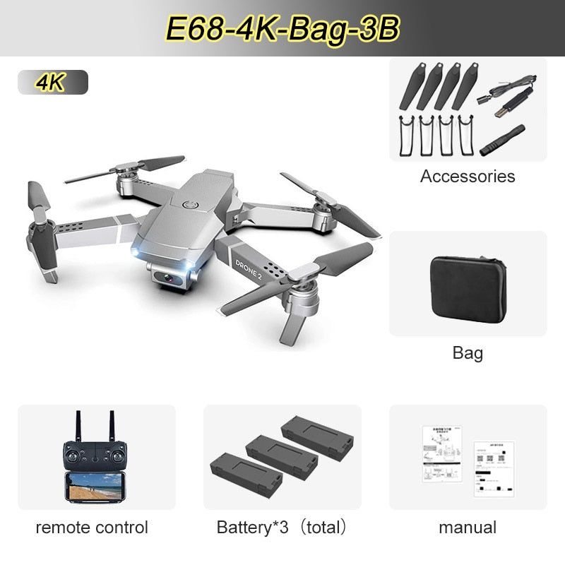 JINHENG E68 Mini RC Drone 4K 1080P HD Camera Wifi FPV Air Pressure Altitude Hold Mode Foldable Quadcopter Toy Kid&