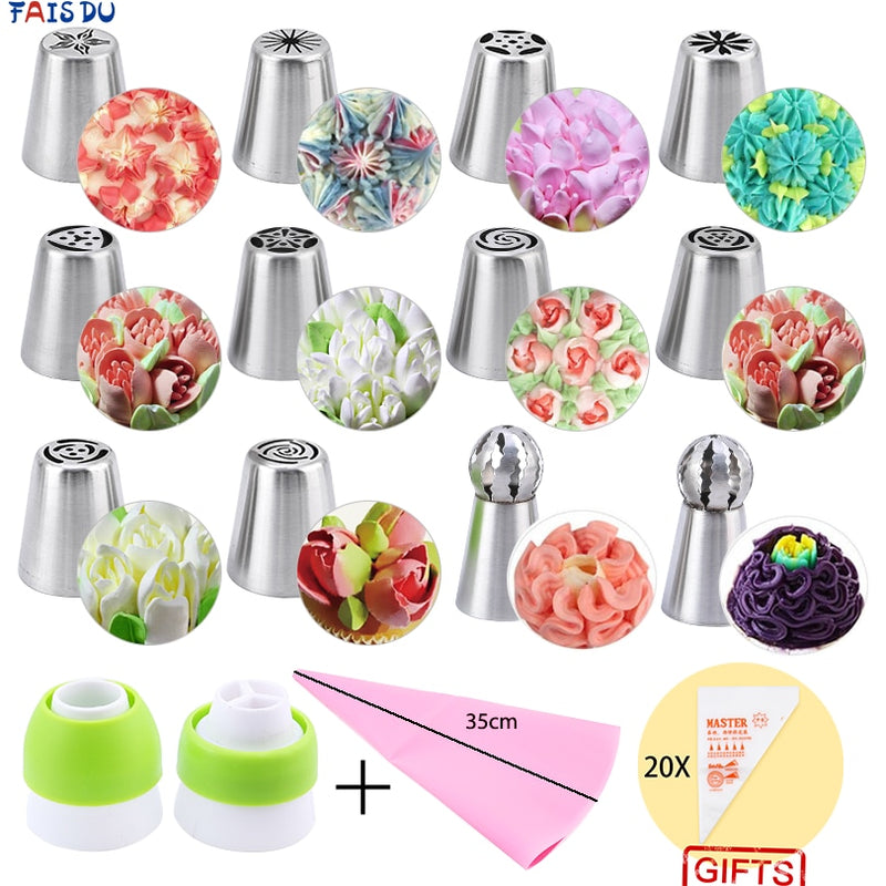 Russian Stainless Steel  Pastry Case 15Pcs Cake Decorating Tools Set Tulip Nozzles Frosting Confectionery Professional Large