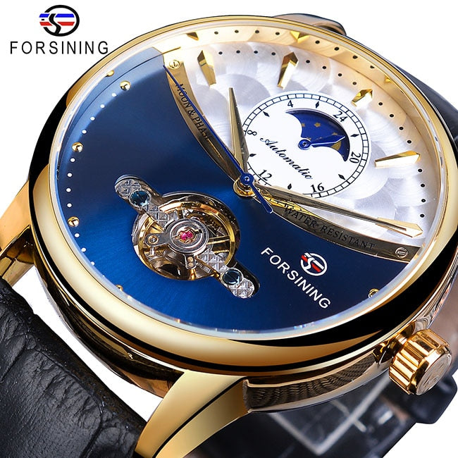 Forsining Moon Phase Automatic Watch Royal Men Golden Waterproof Mechanical Wristwatch Casual Genuine Leather Tourbillon Clock