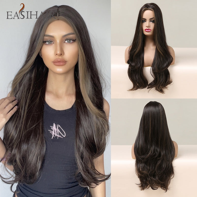 EASIHAIR Long Wavy Brown Synthetic Wigs With Blonde Highlights Cosplay Natural Hair Wigs High Temperature Fiber For Black Women