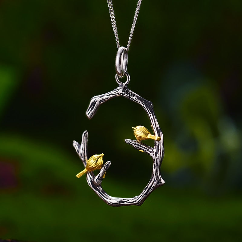 Lotus Fun Plata de Ley 925 auténtica, joyería fina Original Natural, colgante de pájaro en rama de oro de 18 quilates sin collar para regalo de mujer