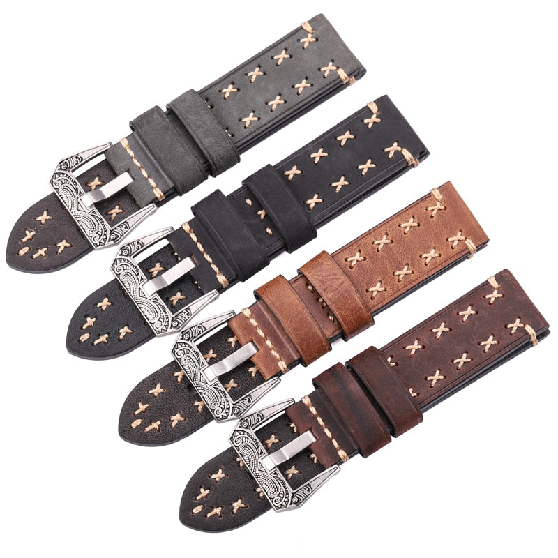 Handgefertigte Uhrenarmbänder mit Retro-Edelstahlschnalle 22 mm 24 mm Männer Frauen Echtes Leder Uhrenarmband Riemen Gürtel Uhrenzubehör