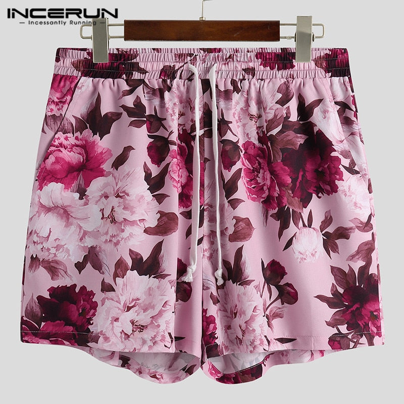 INCERUN Men Sets Flower Printed Vacation Breathable Beach Lapel Short Sleeve Shirt Shorts Streetwear Men Hawaiian Suits 2 Pieces