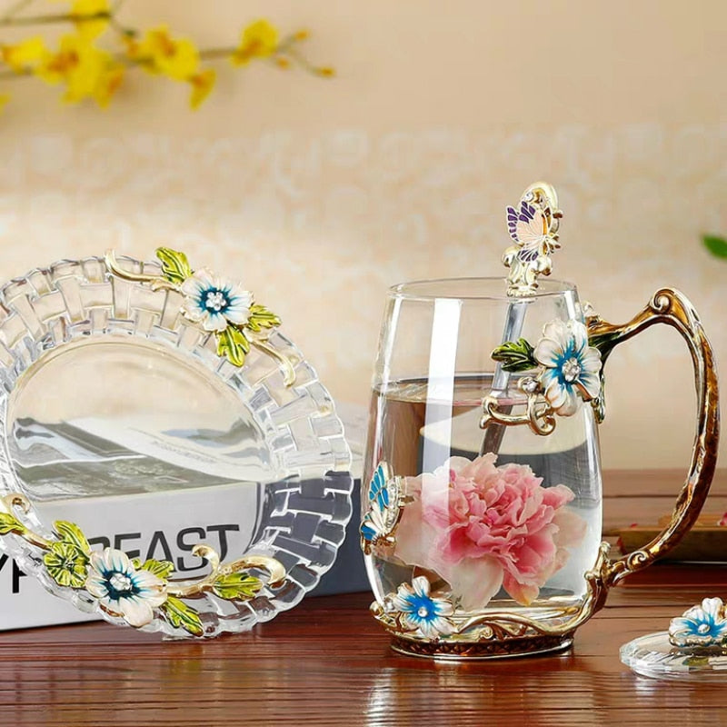 Taza de café esmaltada de belleza y novedad, tazas de cristal de té con flores para bebidas frías y calientes, juego de cuchara y taza de té, regalo de boda perfecto