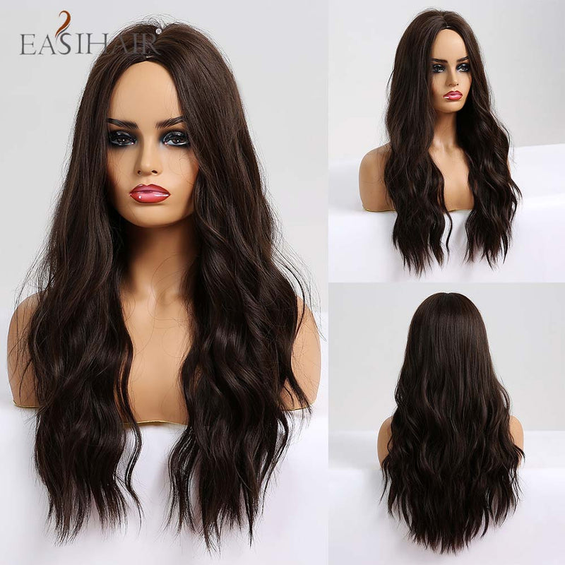 EASIHAIR Long Wavy Brown Synthetic Wigs With Blonde Highlights Cosplay Natural Hair Wigs High Temperature Fiber For Black Women