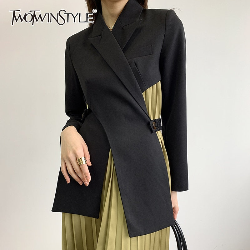 TWOTWINSTYLE Schwarz Temperament Blazer Für Frauen Gekerbte Langarm Aushöhlen Lässige Blazer Weibliche Mode Neue Kleidung 2021