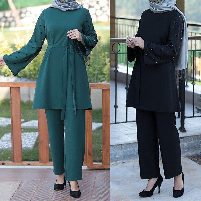 Muslim 2 Piece Sets Women Abaya Dubai Lace-up Tops and Wide Leg Pants Kaftan Eid Pakistan Turkey African Prayer Islamic Clothing