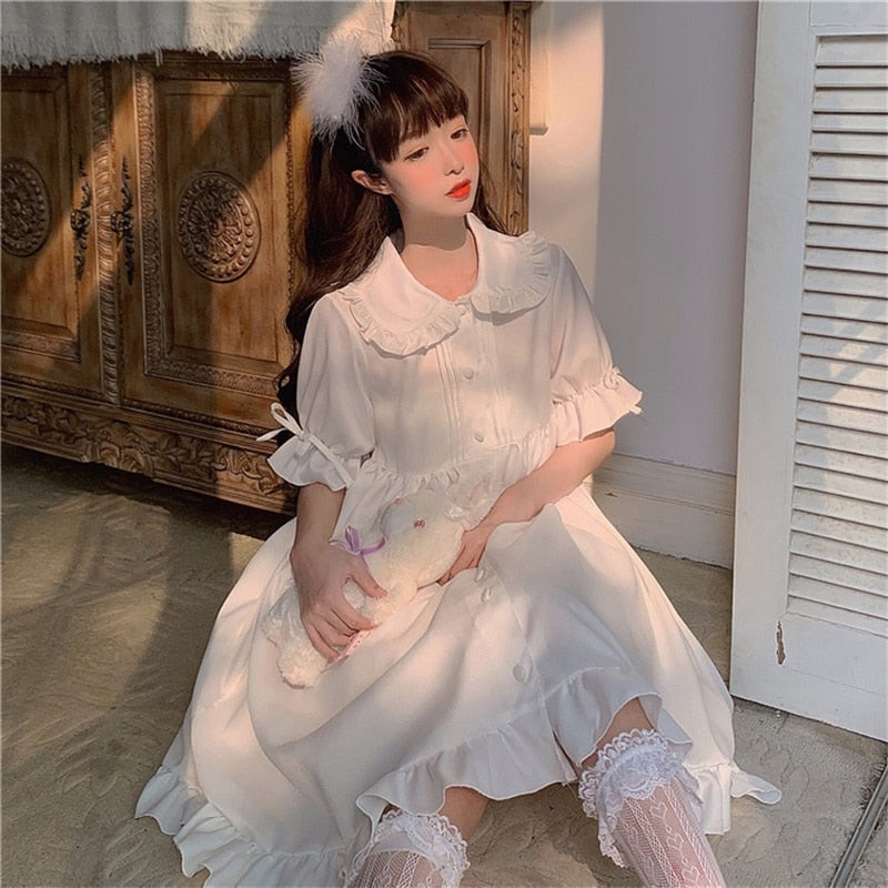 Japanese Sweet Girl Lolita Drees Kawaii Peter Pan Collar Cute Ruffle Puff Sleeve Drees Solid Color Elegant Retro Lady Drees