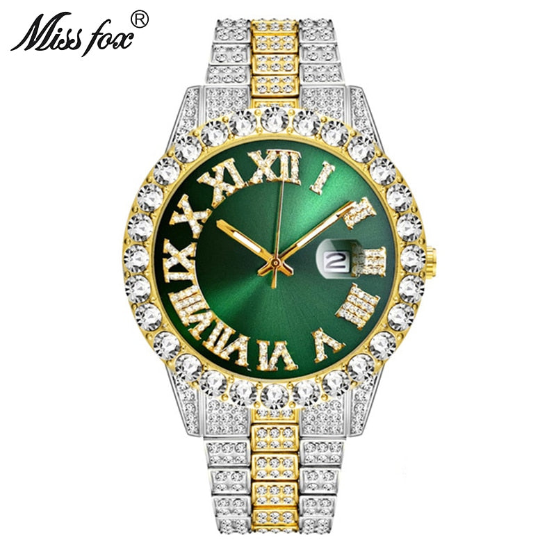 Reloj MISSFOX para hombre 2020, los más vendidos, marca de lujo, esfera azul, oro, relojes de moda para hombre, pulsera grande de diamantes, reloj de lujo para hombre