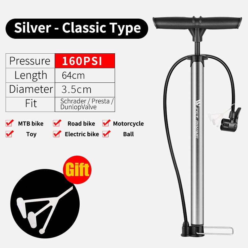 WEST BIKING Bike Floor Pump 120/160PSI High Pressure Cycling Pump Air Inflator Schrader Presta Valve Road MTB Bicycle Tire Pump